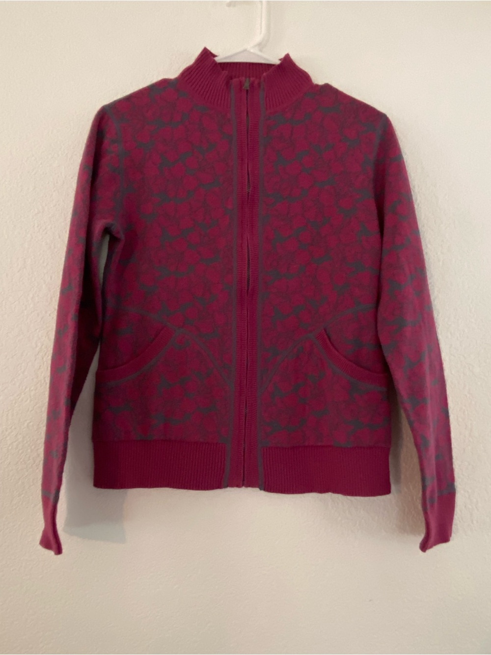 Title Nine Wool Blend Full Zip Sweater Jacket Floral Mock Neck Purple Gray Small